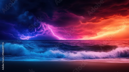 Dramatic Seascape at Dusk with Vibrant Lightning Storm Over Ocean Waves and Dark Clouds Above Horizon photo