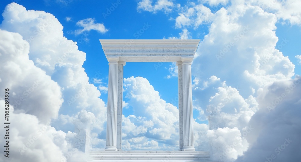 A majestic archway amidst fluffy clouds under a bright blue sky. A majestic archway amidst fluffy clouds under a bright blue sky.