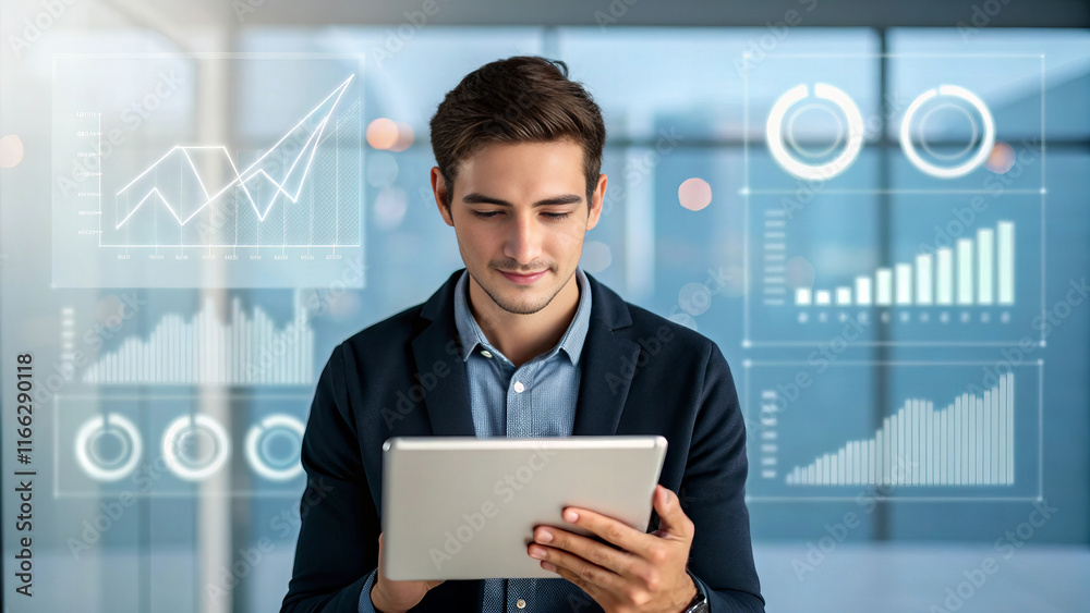 young professional analyzing data on tablet in modern office environment, surrounded by digital graphs and charts, showcasing his analytical skills and focus young professional analyzing data on tablet in modern office environment, surrounded by digital graphs and charts, showcasing his analytical skills and focus