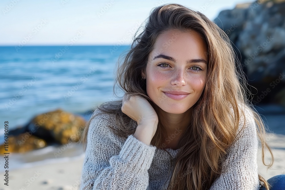 Smiling young woman enjoying a sunny day by the beach with gentle waves and captivating rocky coastline in the background Smiling young woman enjoying a sunny day by the beach with gentle waves and captivating rocky coastline in the background