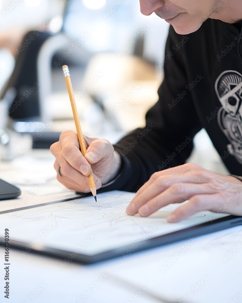 Person Sketching on Digital Drawing Pad with Pencil Person Sketching on Digital Drawing Pad with Pencil