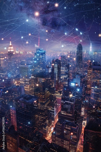 Night cityscape with interconnected network, representing global communication and technology. Ideal for tech, connectivity, and urban development concepts.