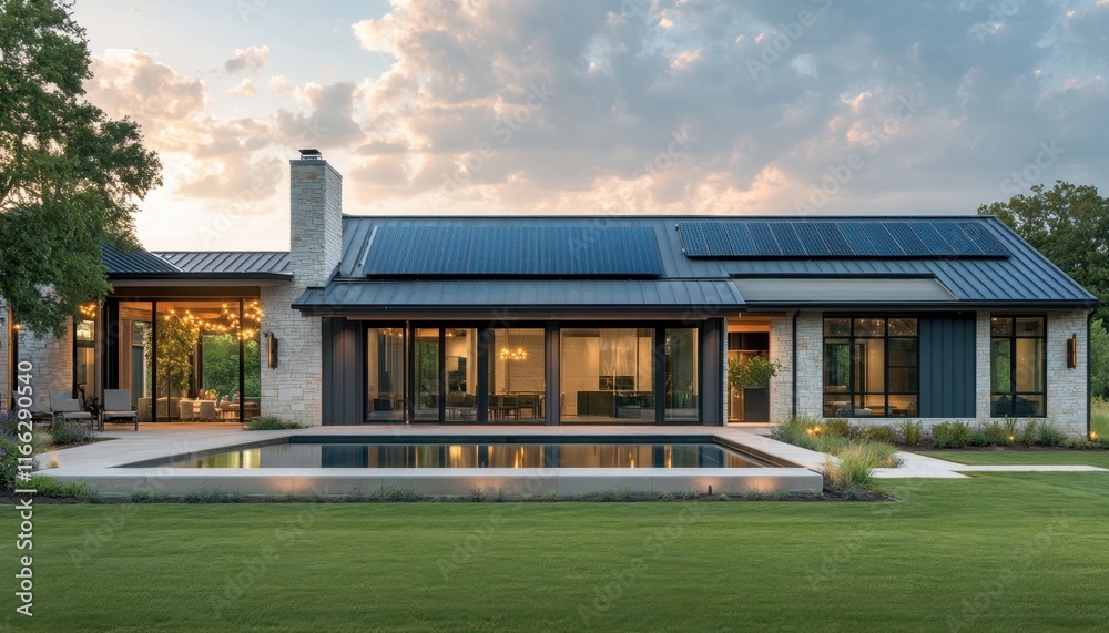 Modern house with a pool and solar panels, set in a landscaped area. Modern house with a pool and solar panels, set in a landscaped area.