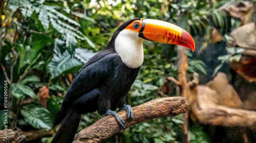 A colorful toucan perched on a branch amidst lush greenery. A colorful toucan perched on a branch amidst lush greenery.