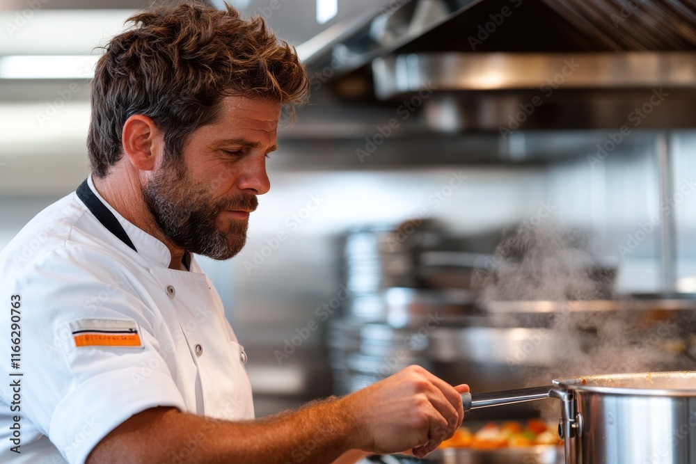 Passionate chef stirring a bubbling pot in a modern kitchen, showcasing culinary skill and dedication to gastronomy Passionate chef stirring a bubbling pot in a modern kitchen, showcasing culinary skill and dedication to gastronomy