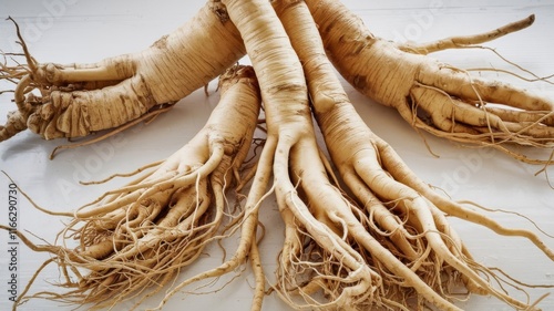 Ginseng energy root, four whole roots displayed on a white surface photo