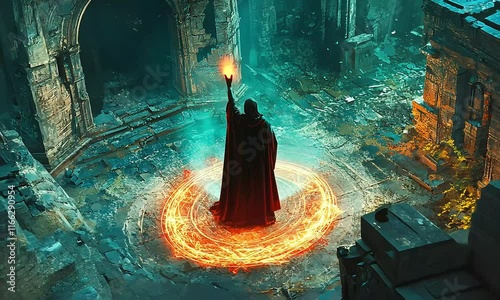 Mysterious Sorcerer Casting Spells in an Ancient Ruin with Glowing Magic Circle and Eerie Lighting in a Fantastical Environment illustration cartoon with ai generated.