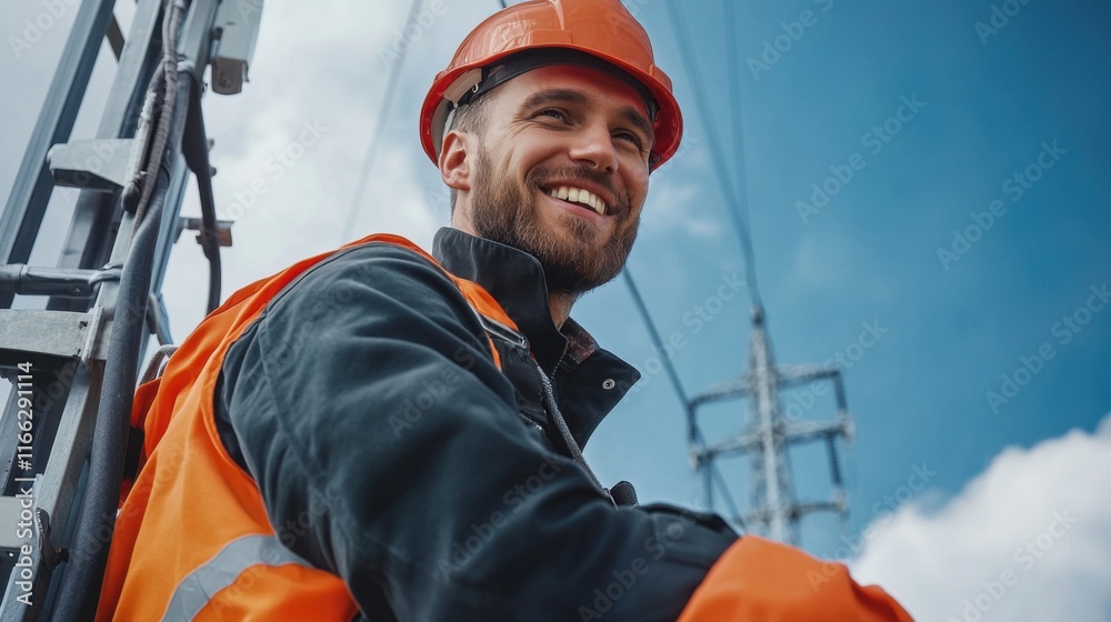 Smiling Worker in Safety Gear on Power Line with Blue Sky in Background Smiling Worker in Safety Gear on Power Line with Blue Sky in Background