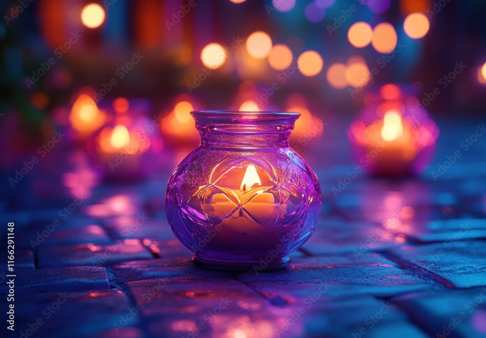 Vibrant Candlelit Serenity with Soft Glows in Purple Glass Holders Creating a Dreamy Atmosphere of Peace and Tranquility in a Beautiful Night Setting Vibrant Candlelit Serenity with Soft Glows in Purple Glass Holders Creating a Dreamy Atmosphere of Peace and Tranquility in a Beautiful Night Setting