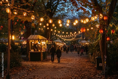 A warm autumn evening at the festival, with the scent of pumpkin spice in the air and lanterns illuminating the pathways photo