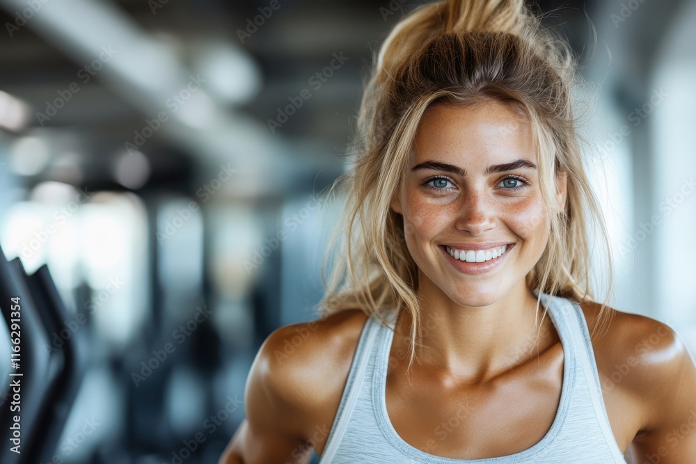 Portrait of a smiling fitness enthusiast in a modern gym setting showcasing a joyful workout experience Portrait of a smiling fitness enthusiast in a modern gym setting showcasing a joyful workout experience