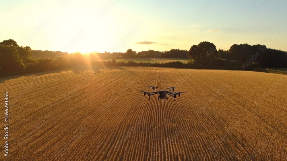 Fototapeta premium Drone Surveying Over Wheat Fields at Sunset