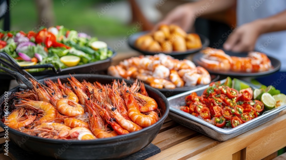 Fresh Seafood Feast with Grilled Shrimp, Colorful Vegetables, and Delicious Spicy Sauce on Outdoor Table Fresh Seafood Feast with Grilled Shrimp, Colorful Vegetables, and Delicious Spicy Sauce on Outdoor Table