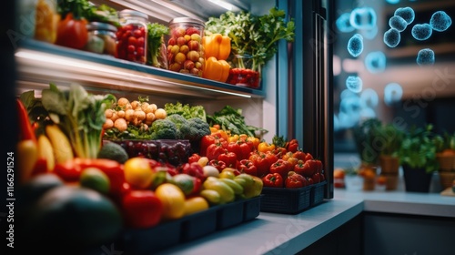 Fresh Organic Vegetables and Fruits Displayed in Modern Refrigerator with Beautiful Lighting and Aesthetic Appeal