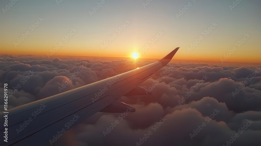 Airplane window view, majestic clouds beneath, golden sunset illuminating the sky, wing of the plane visible, serene atmosphere Airplane window view, majestic clouds beneath, golden sunset illuminating the sky, wing of the plane visible, serene atmosphere