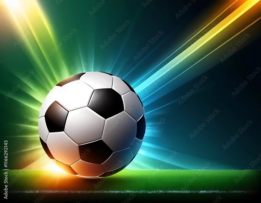 Naklejka premium Soccer Ball on Green Field Dramatic Lighting