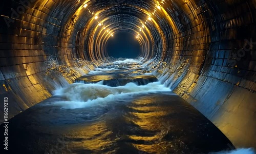A dimly lit sewer tunnel with flowing water and illuminated walls.