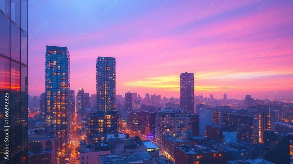 City skyline at sunset, glowing skyscrapers, warm colors blending in the sky, reflections in glass windows, urban elegance City skyline at sunset, glowing skyscrapers, warm colors blending in the sky, reflections in glass windows, urban elegance