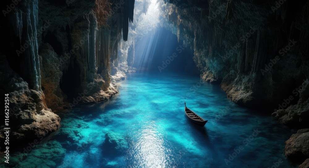 Aerial View of a Cave with a Blue River and Wooden Boat . Aerial View of a Cave with a Blue River and Wooden Boat .
