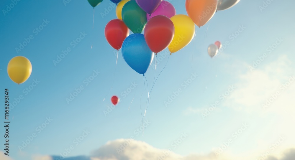 Colorful Balloons Floating into the Bright Sky . Colorful Balloons Floating into the Bright Sky .