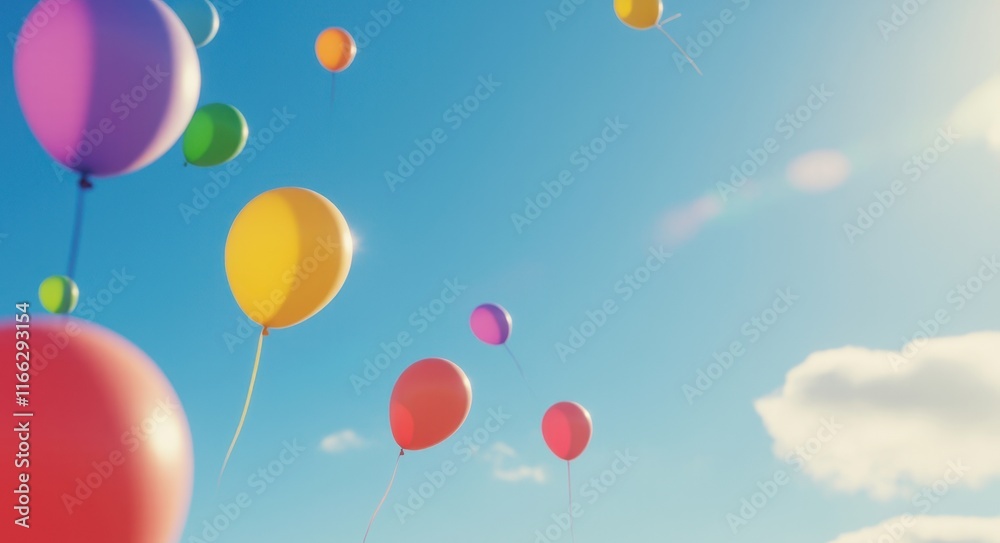 Colorful Balloons Floating into the Bright Sky . Colorful Balloons Floating into the Bright Sky .