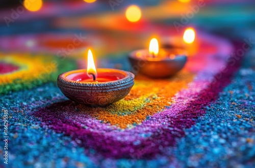 Vibrant Festival of Lights with Colorful Rangoli Designs and Illuminated Oil Lamps Creating a Festive Atmosphere During Celebrations photo