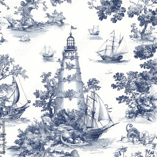 Vintage Nautical Scene with Lighthouse and Sailboats in Blue Design photo