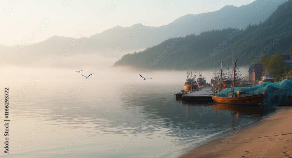Naklejka premium Fisherman’s Village in the Misty Morning .