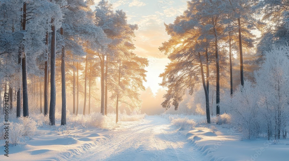 Snow-covered trees in a quiet winter forest, sunlight reflecting on the snow, cold and tranquil atmosphere, serene winter landscape