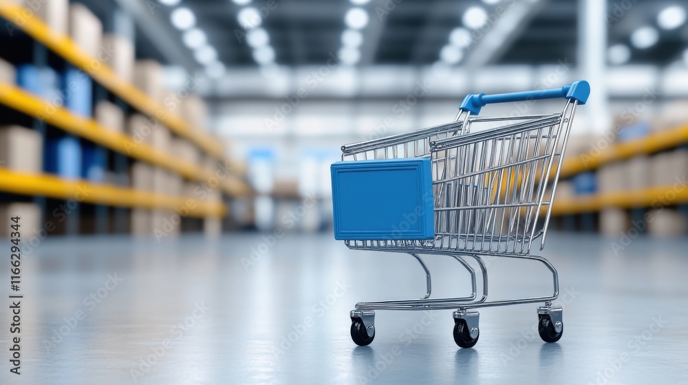 custom made wallpaper toronto digitalEmpty shopping cart in a spacious warehouse aisle with shelves filled with boxes and blurred background