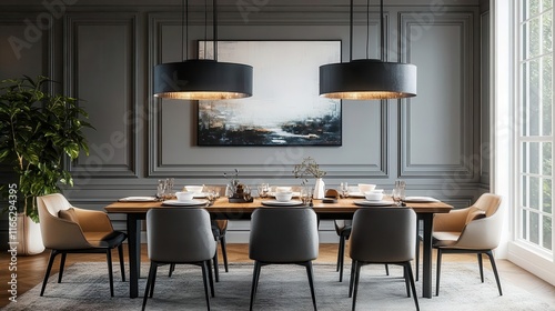 Stylish dining room with a modern table setting, sleek chairs, hanging pendant lights, and contemporary wall art, ready for a dinner party