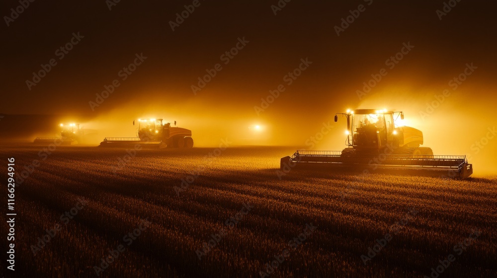 Fototapeta premium Farming Machines Working in Ambient Light at Night