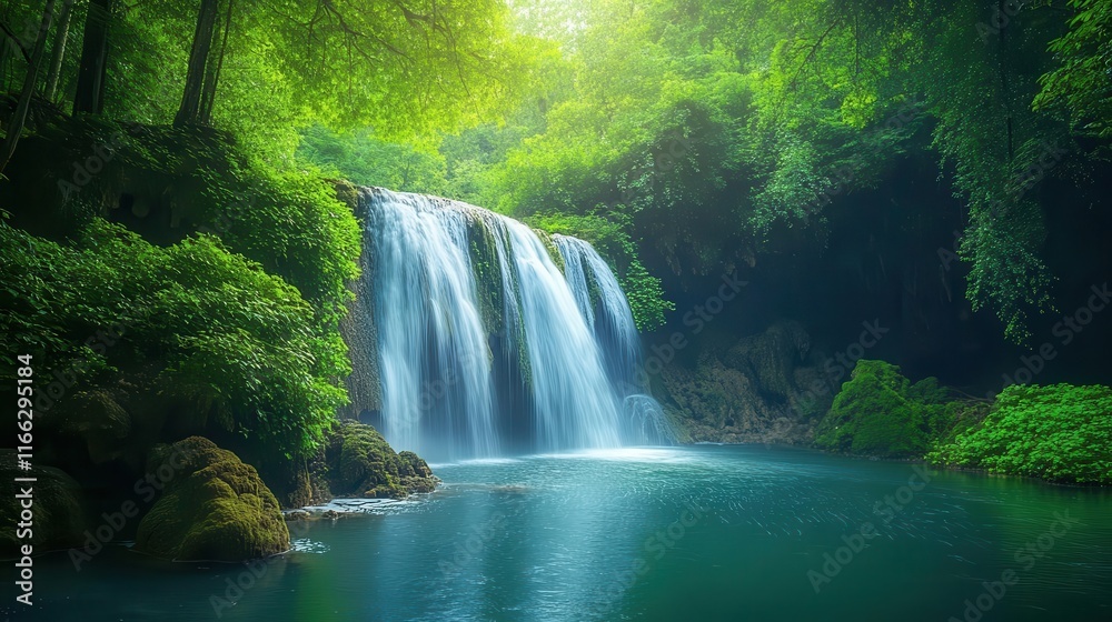 Waterfall in a lush forest, water cascading over rocks, mist rising into the air, vibrant green surroundings, peaceful natural scene Waterfall in a lush forest, water cascading over rocks, mist rising into the air, vibrant green surroundings, peaceful natural scene