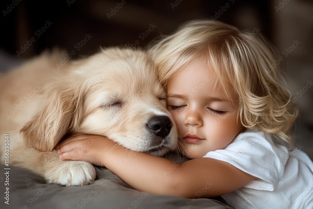 Sweet moments of friendship between a child and a golden retriever in a cozy indoor setting Sweet moments of friendship between a child and a golden retriever in a cozy indoor setting