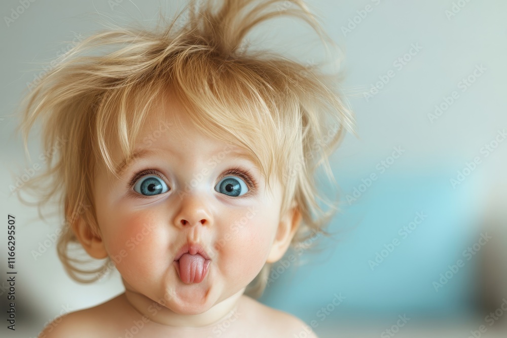 Cheerful baby making funny faces with wild hair in a sunny indoor environment