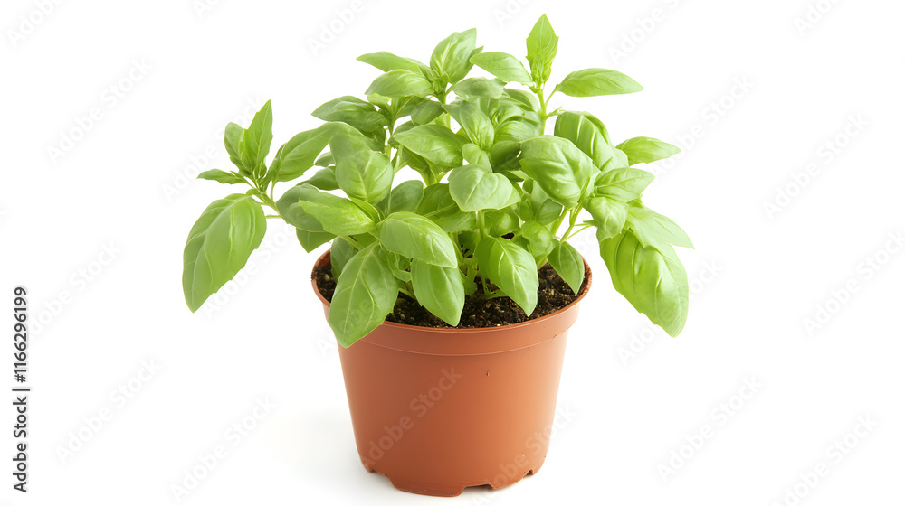 A small potted basil plant with fresh, vibrant green leaves A small potted basil plant with fresh, vibrant green leaves