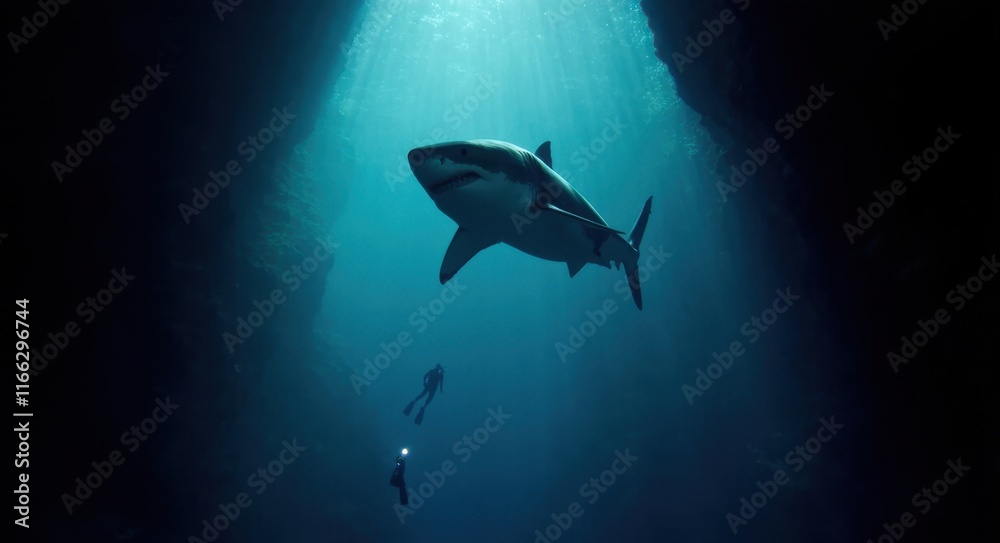 Fototapeta premium Diver Facing a Great White Shark in the Deep Ocean.
