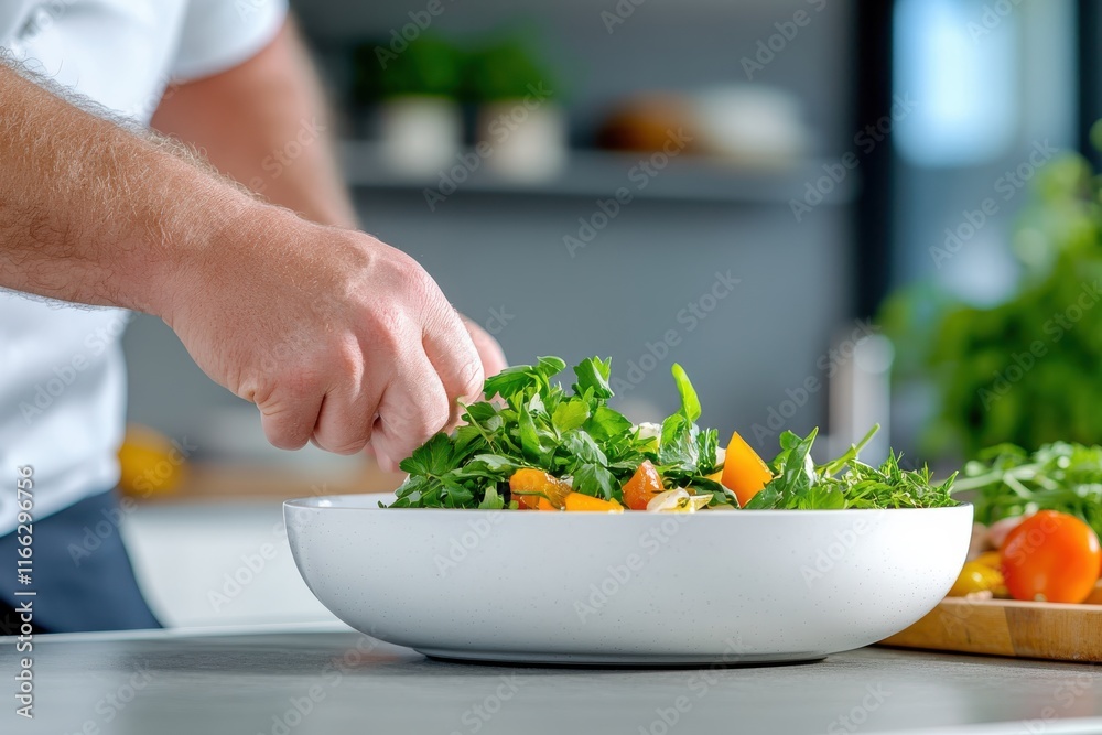 Fresh ingredients come together in a vibrant salad preparation at a modern kitchen during a sunny afternoon Fresh ingredients come together in a vibrant salad preparation at a modern kitchen during a sunny afternoon