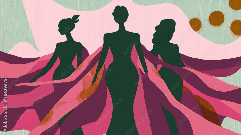 Elegant Women Fashion Show Silhouettes Pink Drapes Elegant Women Fashion Show Silhouettes Pink Drapes