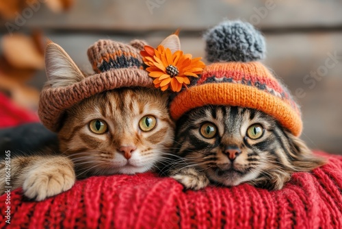 Two adorable cats wear cozy knitted hats, enjoying a relaxing moment together during a chilly autumn day