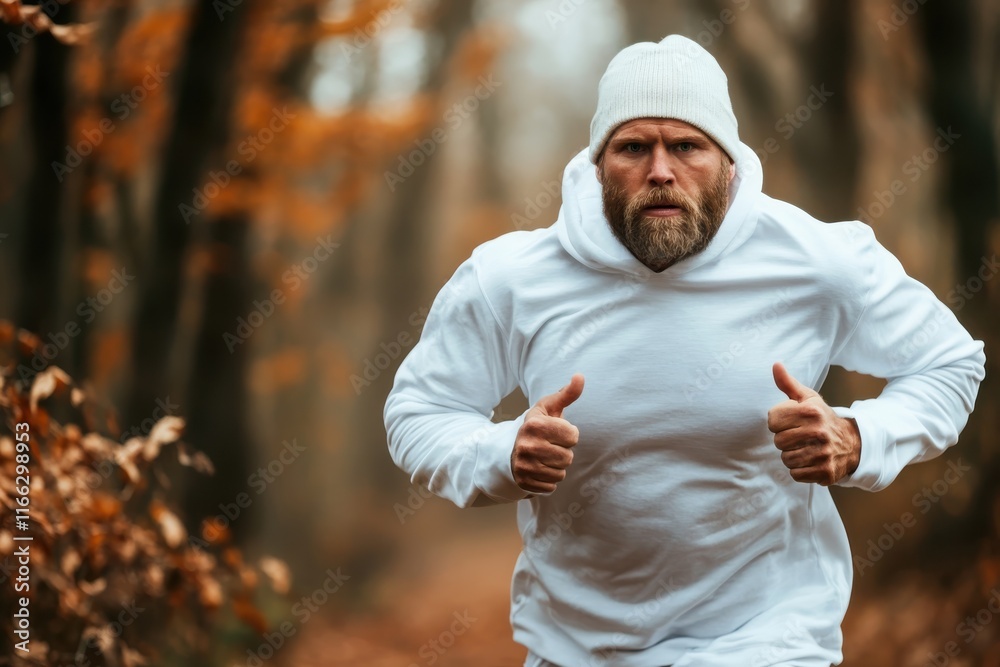 Obraz premium Morning jog through a serene forest path with a focused runner in autumn hues