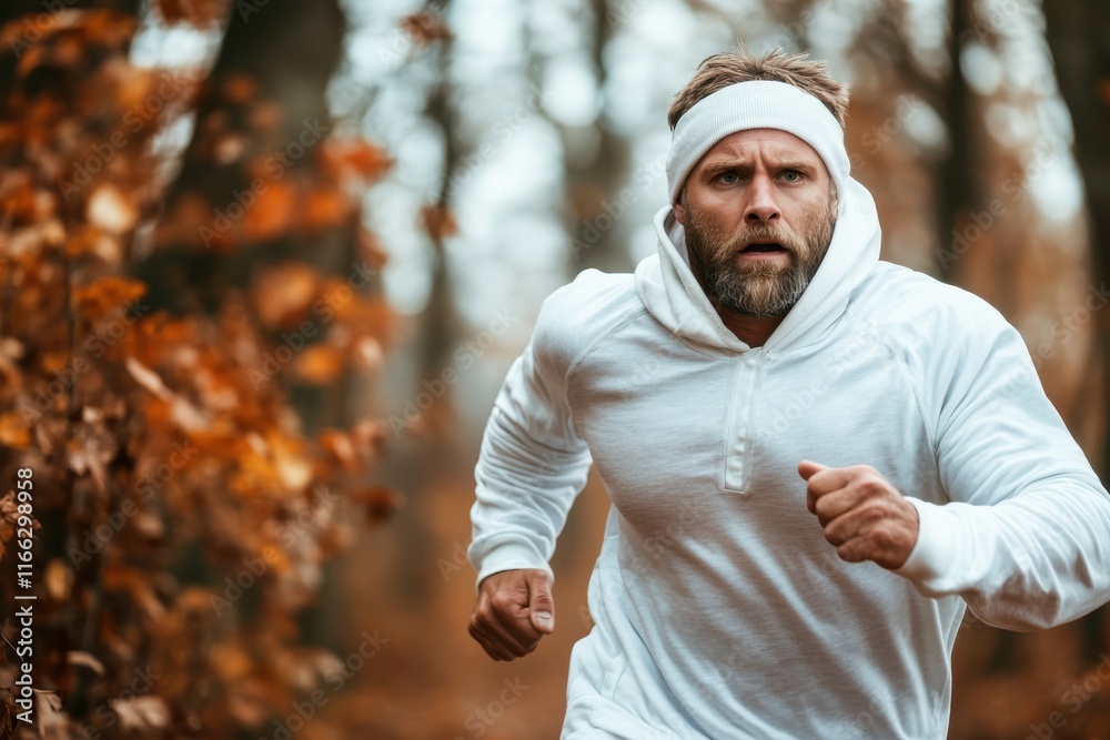 Dedicated runner navigating through autumn woods during a brisk exercise session, showcasing determination and focus Dedicated runner navigating through autumn woods during a brisk exercise session, showcasing determination and focus