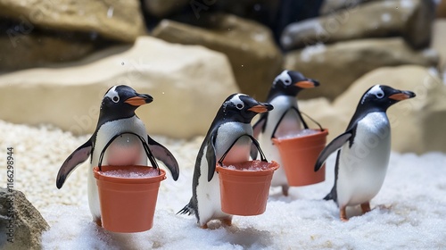 Four penguins carrying buckets in a snowy environment. photo