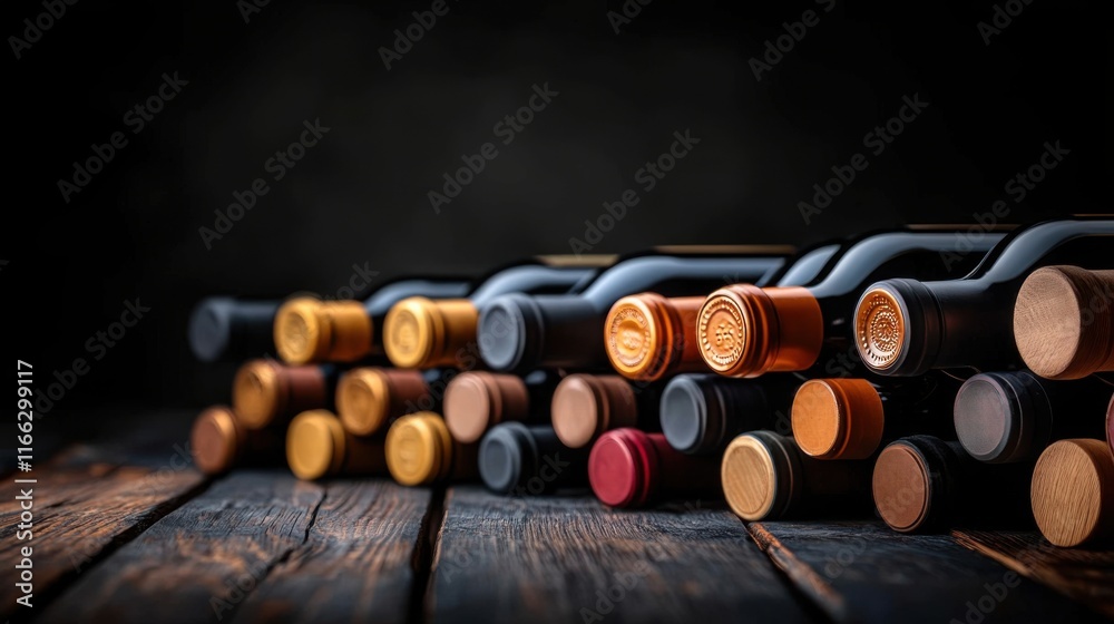 Rows of Wine Bottles on Dark Wooden Surface with Colorful Wax Seals and Elegant Labels in Soft Light Rows of Wine Bottles on Dark Wooden Surface with Colorful Wax Seals and Elegant Labels in Soft Light