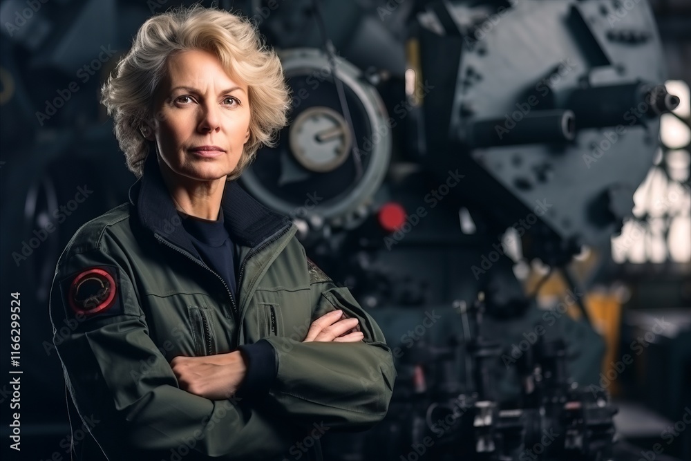 Portrait of a mature woman standing in a factory with arms crossed Portrait of a mature woman standing in a factory with arms crossed