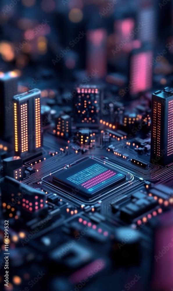 Obraz premium Futuristic Cityscape With Neon Lights and Circuit Board Design Creating a Digital Metropolis Atmosphere