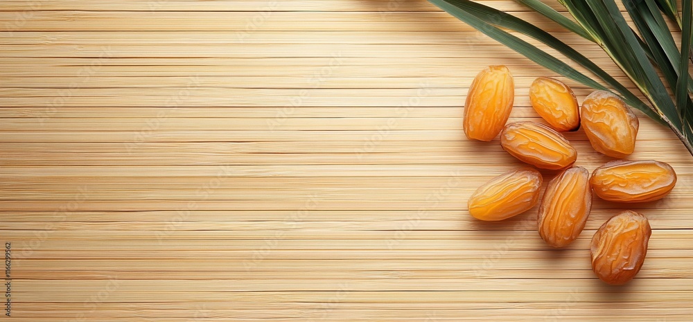 A cluster of dates on a wooden surface with green leaves. A cluster of dates on a wooden surface with green leaves.