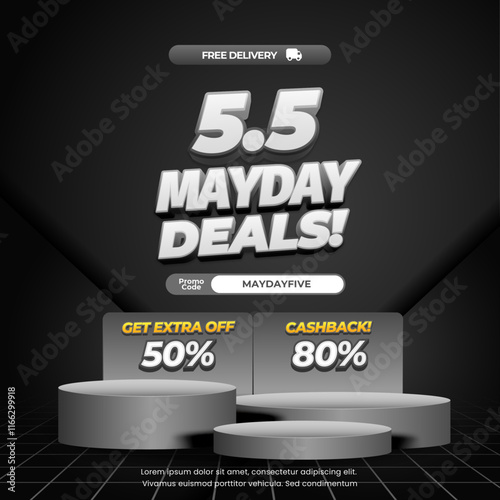 5.5 Mayday Sale discount deals simple Dark Gray Black gradient Editable text effect Podium Showcase Monochrome Square banner