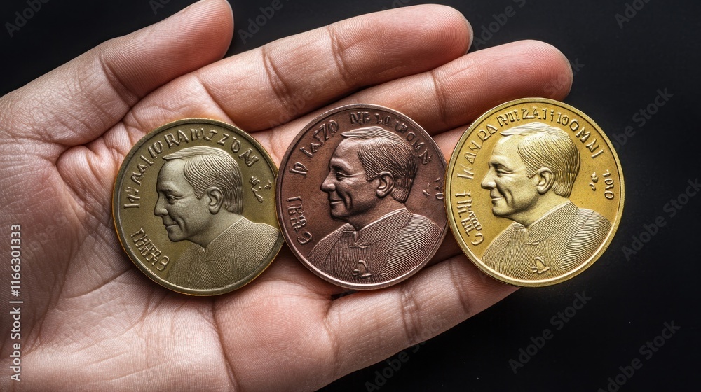 Commemorative Coins: A Handful of History. Three distinct coins rest in a palm Commemorative Coins: A Handful of History. Three distinct coins rest in a palm