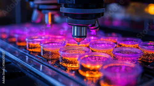 Microscopic-scale liquid being precisely dispensed into individual containers, capturing the meticulous lab environment.